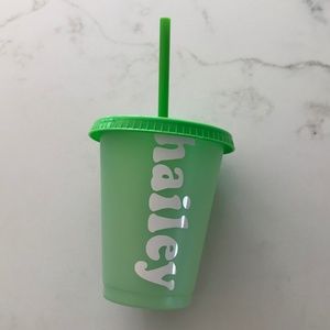Hailey Reusable Green and White Plastic Cup with Lid and Straw